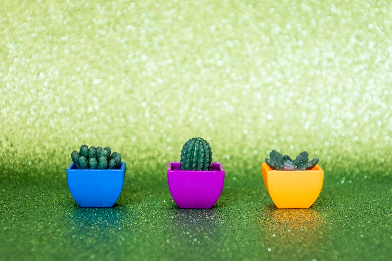 A vibrant display of mini cacti in colorful pots set against a glittery green backdrop, highlighting creativity and color contrast.